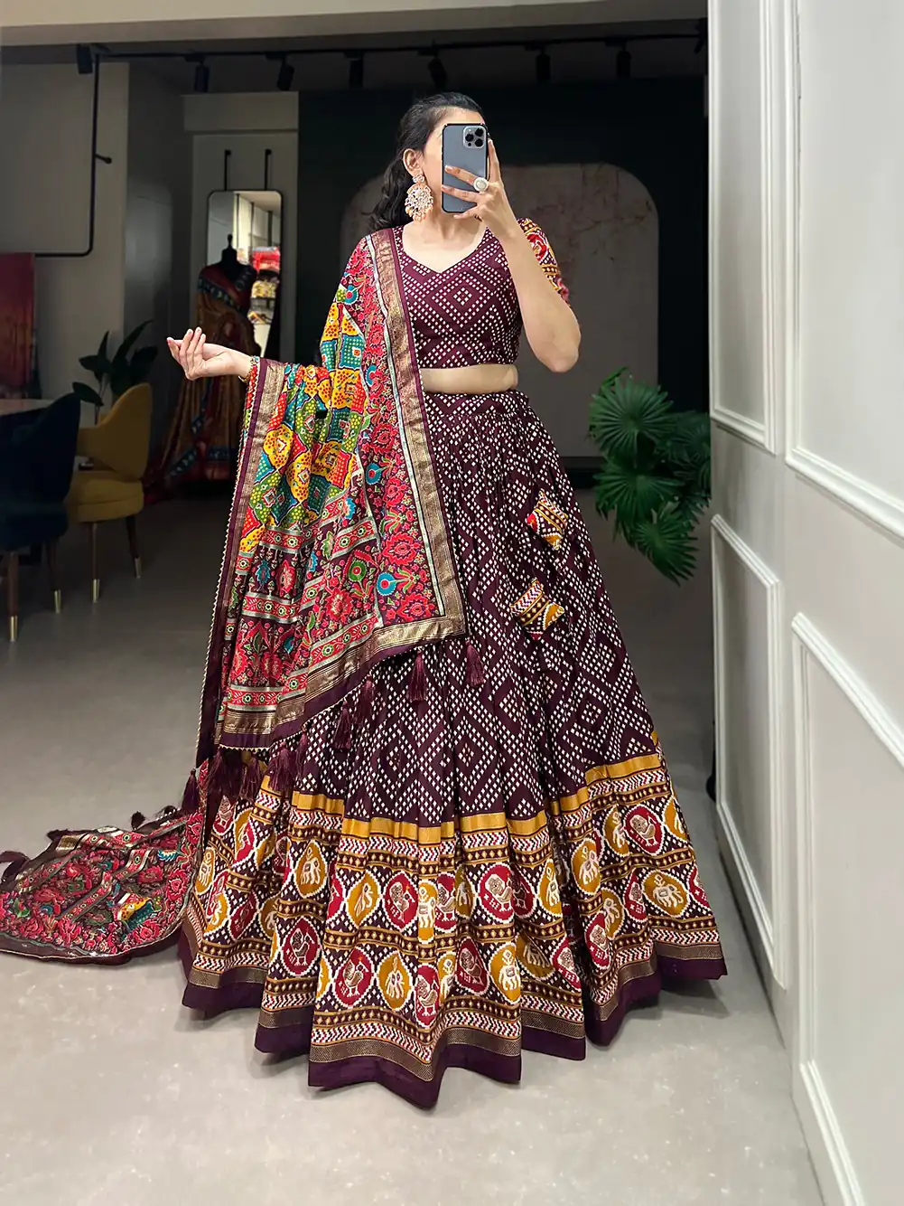 LNB1687 Wine Color Lehenga : Tussar Silk Blouse : Patola Print Work : Foil Work Traditional Wear, Festive, Wedding, Events @2799/- | Lehenga, Bollywood Lehenga, Creative Lehenga, Designer Lehenga, Embroidered Lehenga, Party Wear Lehenga