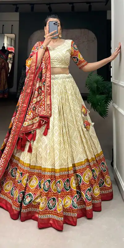 LNB1687 Yellow Color Lehenga : Tussar Silk Blouse : Patola Print Work : Foil Work Traditional Wear, Festive, Wedding, Events @2799/- | Lehenga, Bollywood Lehenga, Creative Lehenga, Designer Lehenga, Embroidered Lehenga, Party Wear Lehenga