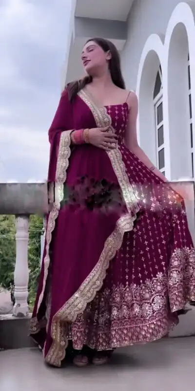 ZSR 3041 Maroon Color Gown : Fox Georgette Work : Embroidery Sequence Work Inner : Micro Cotton Traditional Wear, Wedding, Festive, Events. @2599/- | Gowns, Bollywood Gowns, Creative Gowns, Designer Gowns, Embroidered Gowns, Party Wear Gowns