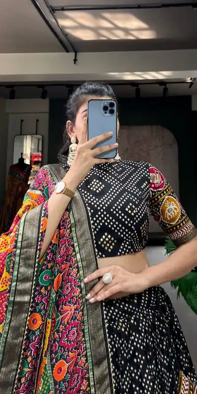 LNB1687 Black Color Lehenga : Tussar Silk Blouse : Patola Print Work : Foil Work Traditional Wear, Festive, Wedding, Events @2799/- | Lehenga, Bollywood Lehenga, Creative Lehenga, Designer Lehenga, Embroidered Lehenga, Party Wear Lehenga