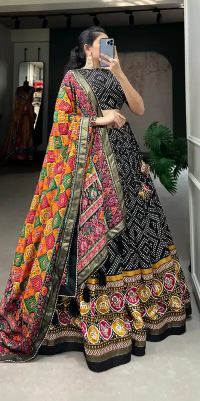 LNB1687 Black Color Lehenga : Tussar Silk Blouse : Patola Print Work : Foil Work Traditional Wear, Festive, Wedding, Events @2799/- | Lehenga, Bollywood Lehenga, Creative Lehenga, Designer Lehenga, Embroidered Lehenga, Party Wear Lehenga