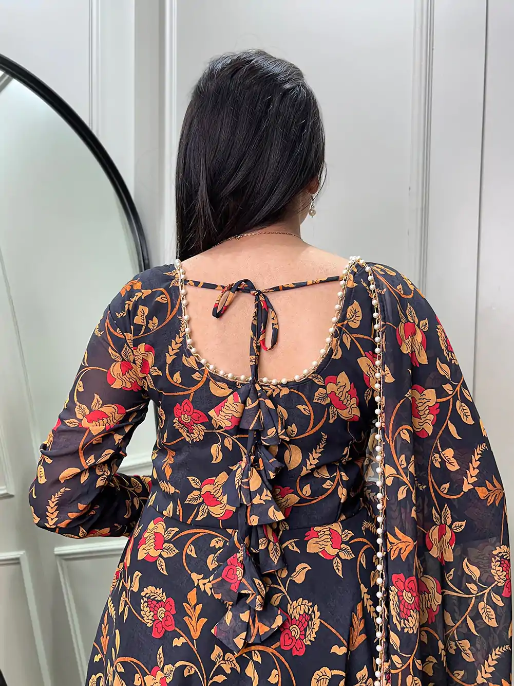 YNF 5003 Black Color Georgette Floral Printed Gown With Pearl Lace Border Dupatta Casual, Wedding, Party, Festive, Events Etc. 4-6 Working Days 1849/- | Gowns, Bollywood Gowns, Creative Gowns, Designer Gowns, Embroidered Gowns, Party Wear Gowns