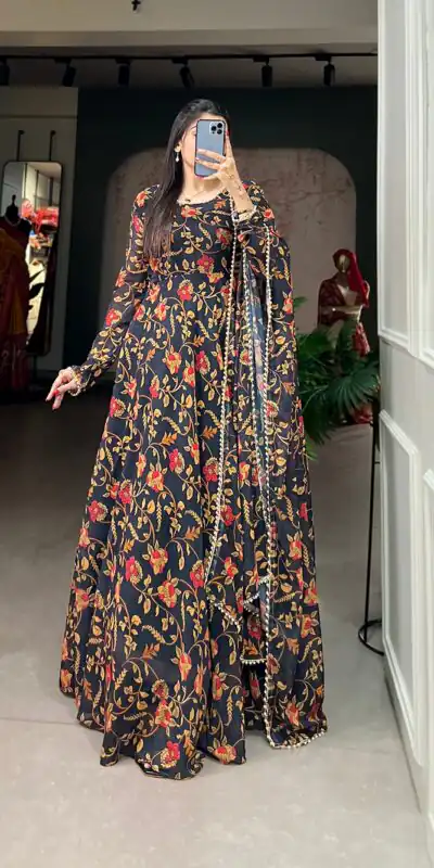 YNF 5003 Black Color Georgette Floral Printed Gown With Pearl Lace Border Dupatta Casual, Wedding, Party, Festive, Events Etc. 4-6 Working Days 1849/- | Gowns, Bollywood Gowns, Creative Gowns, Designer Gowns, Embroidered Gowns, Party Wear Gowns
