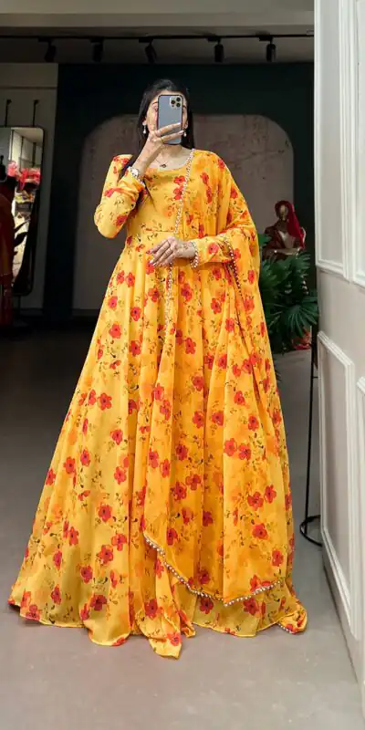 YNF 5003 Yellow Color Georgette Floral Printed Gown With Pearl Lace Border Dupatta Casual, Wedding, Party, Festive, Events Etc. 4-6 Working Days 1849/- | Gowns, Bollywood Gowns, Creative Gowns, Designer Gowns, Embroidered Gowns, Party Wear Gowns