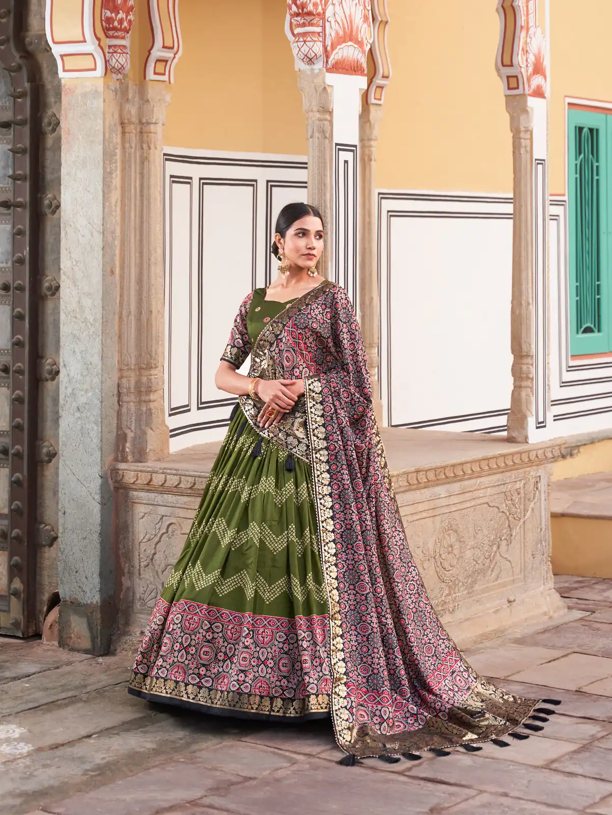 LNB 1614 Green Color Tussar Silk Dot And Ajarakh & Drawstring With Foil Printed & Heavy Tassels Lehenga Choli   Expected Delivery 4-6 Working Days 2449/- | Lehenga, Bollywood Lehenga, Creative Lehenga, Designer Lehenga, Embroidered Lehenga, Party Wear Lehenga