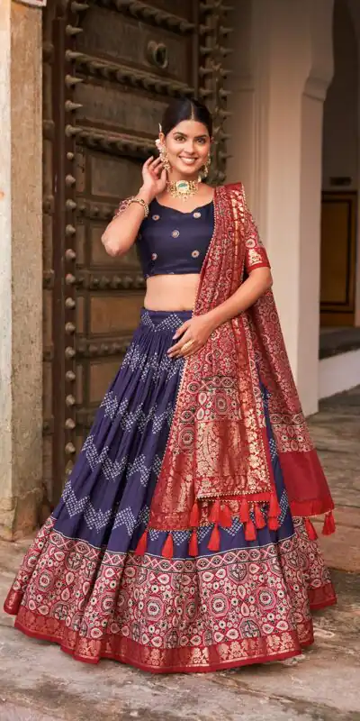 LNB 1614 Navy Blue Color Tussar Silk Dot And Ajarakh & Drawstring With Foil Printed & Heavy Tassels Lehenga Choli   Expected Delivery 4-6 Working Days 2449/- | Lehenga, Bollywood Lehenga, Creative Lehenga, Designer Lehenga, Embroidered Lehenga, Party Wear Lehenga