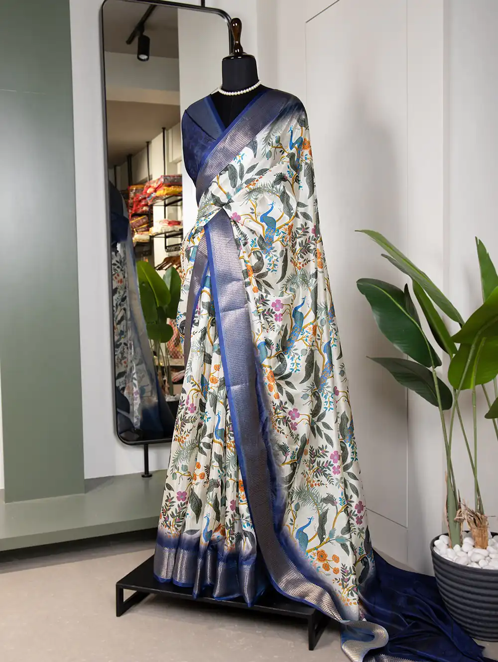 YNF 7005 White Color Dola Silk Printed With Zari Border Saree Casual, Party Wear, Wedding, Events Etc. Expected Delivery 4-6 Working Days 1499/- | Sarees, Bollywood Sarees, Creative Sarees, Designer Sarees, Ethnic Saree, Modern Digital sarees, Party Wear Sarees