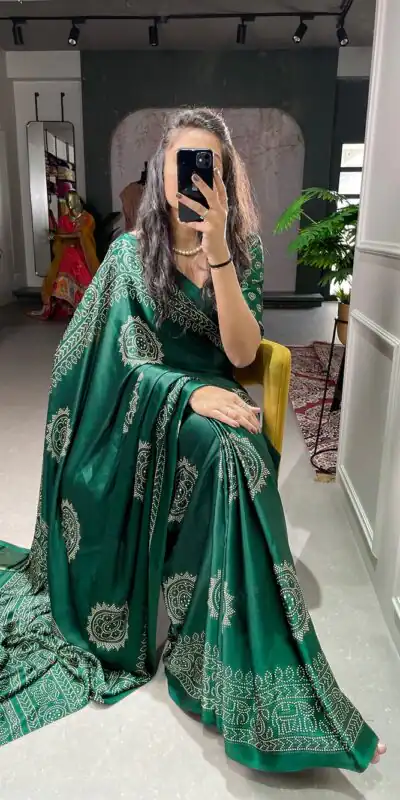 YNF 7803 Green Color Semi Gaji Satin Printing with Foil Work Saree Casual, Party Wear, Wedding, Events Etc. Expected Delivery 4-6 Working Days 1499/- | Sarees, Bollywood Sarees, Creative Sarees, Designer Sarees, Ethnic Saree, Modern Digital sarees, Party Wear Sarees
