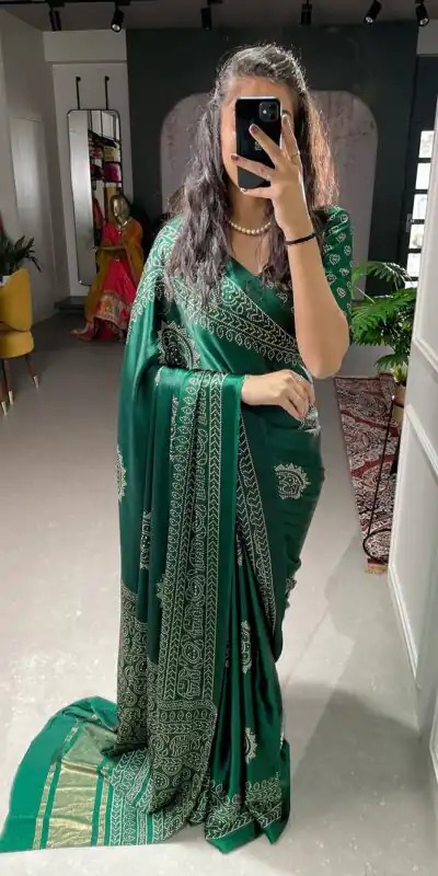 YNF 7803 Green Color Semi Gaji Satin Printing with Foil Work Saree Casual, Party Wear, Wedding, Events Etc. Expected Delivery 4-6 Working Days 1499/- | Sarees, Bollywood Sarees, Creative Sarees, Designer Sarees, Ethnic Saree, Modern Digital sarees, Party Wear Sarees