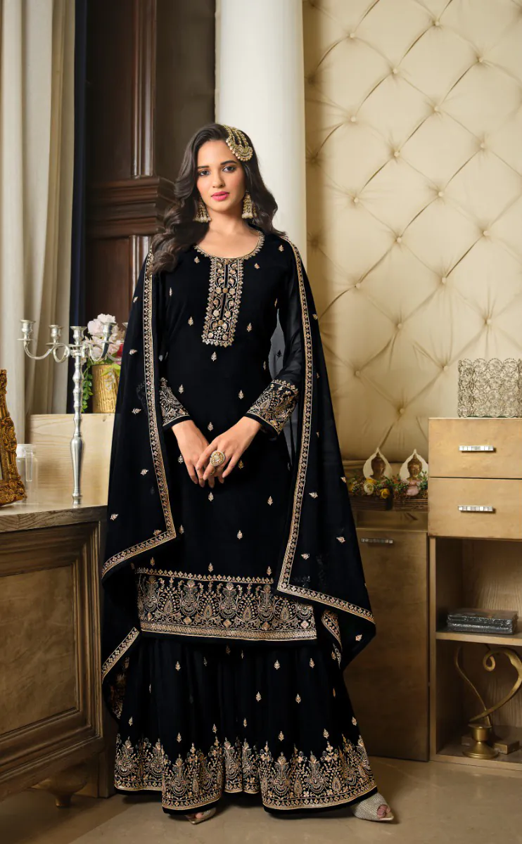 DS LT 8301 Black color Georgette Embroidery Sequence Work Sharara Suit Wedding, Festive, Events Etc. Expected Delivery 4-6 Working Days @2149/- | Jump Suits, Salwar suit, Designer Suits, Casual Suits, Creative suits, Palazzo Suits, Party Wear Suits, Patiala Suits, Straight Suits