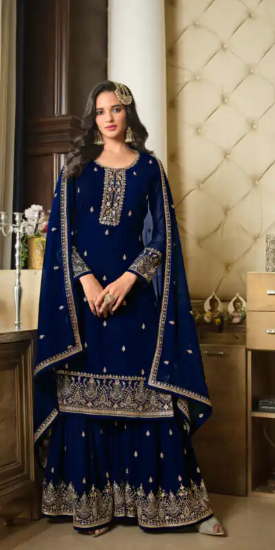 DS LT 8301 Blue color Georgette Embroidery Sequence Work Sharara Suit Wedding, Festive, Events Etc. Expected Delivery 4-6 Working Days @2149/- | Jump Suits, Salwar suit, Designer Suits, Casual Suits, Creative suits, Palazzo Suits, Party Wear Suits, Patiala Suits, Straight Suits