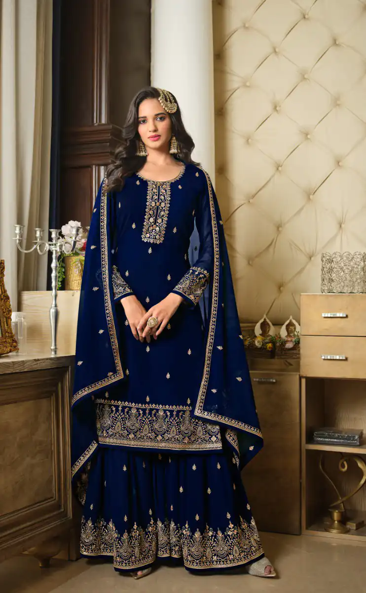DS LT 8301 Blue color Georgette Embroidery Sequence Work Sharara Suit Wedding, Festive, Events Etc. Expected Delivery 4-6 Working Days @2149/- | Jump Suits, Salwar suit, Designer Suits, Casual Suits, Creative suits, Palazzo Suits, Party Wear Suits, Patiala Suits, Straight Suits