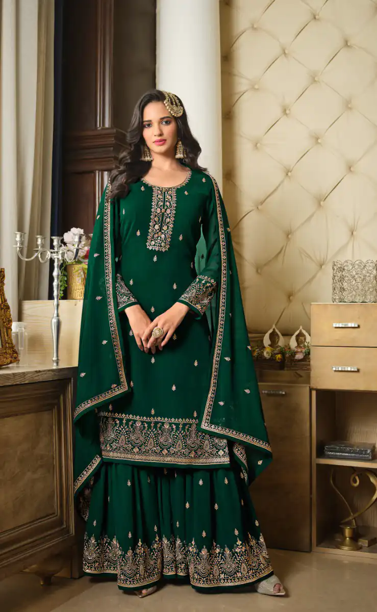 DS LT 8301 Green color Georgette Embroidery Sequence Work Sharara Suit Wedding, Festive, Events Etc. Expected Delivery 4-6 Working Days @2149/- | Jump Suits, Salwar suit, Designer Suits, Casual Suits, Creative suits, Palazzo Suits, Party Wear Suits, Patiala Suits, Straight Suits