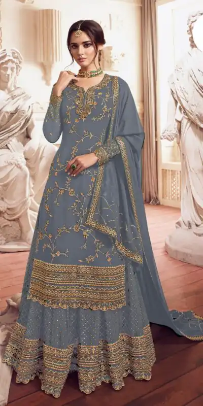 LT 4902 Grey color Georgette With Embroidery sequence Work Sharara Suit Wedding, Festive, Events Etc. Expected Delivery 4-6 Working Days @2099/- | Jump Suits, Salwar suit, Designer Suits, Casual Suits, Creative suits, Palazzo Suits, Party Wear Suits, Patiala Suits, Straight Suits