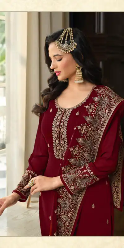 DS LT 8301 Maroon color Georgette Embroidery Sequence Work Sharara Suit Wedding, Festive, Events Etc. Expected Delivery 4-6 Working Days @2149/- | Jump Suits, Salwar suit, Designer Suits, Casual Suits, Creative suits, Palazzo Suits, Party Wear Suits, Patiala Suits, Straight Suits