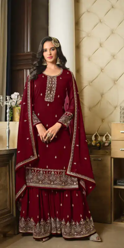 DS LT 8301 Maroon color Georgette Embroidery Sequence Work Sharara Suit Wedding, Festive, Events Etc. Expected Delivery 4-6 Working Days @2149/- | Jump Suits, Salwar suit, Designer Suits, Casual Suits, Creative suits, Palazzo Suits, Party Wear Suits, Patiala Suits, Straight Suits