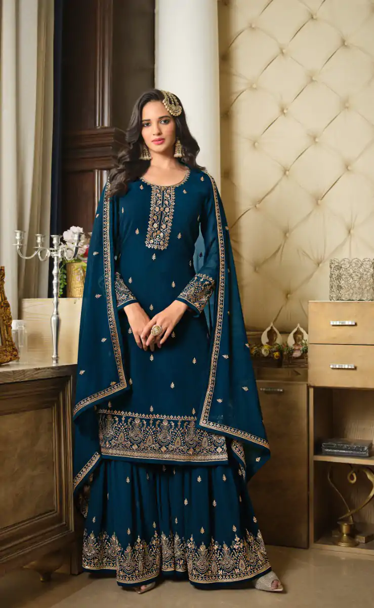 DS LT 8301 Peacock Blue color Georgette Embroidery Sequence Work Sharara Suit Wedding, Festive, Events Etc. Expected Delivery 4-6 Working Days @2149/- | Jump Suits, Salwar suit, Designer Suits, Casual Suits, Creative suits, Palazzo Suits, Party Wear Suits, Patiala Suits, Straight Suits