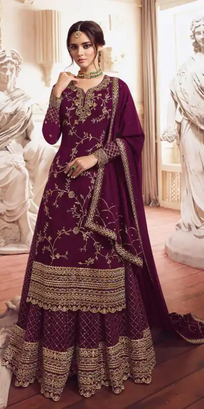 LT 4902 Wine color Georgette With Embroidery sequence Work Sharara Suit Wedding, Festive, Events Etc. Expected Delivery 4-6 Working Days @2099/- | Jump Suits, Salwar suit, Designer Suits, Casual Suits, Creative suits, Palazzo Suits, Party Wear Suits, Patiala Suits, Straight Suits