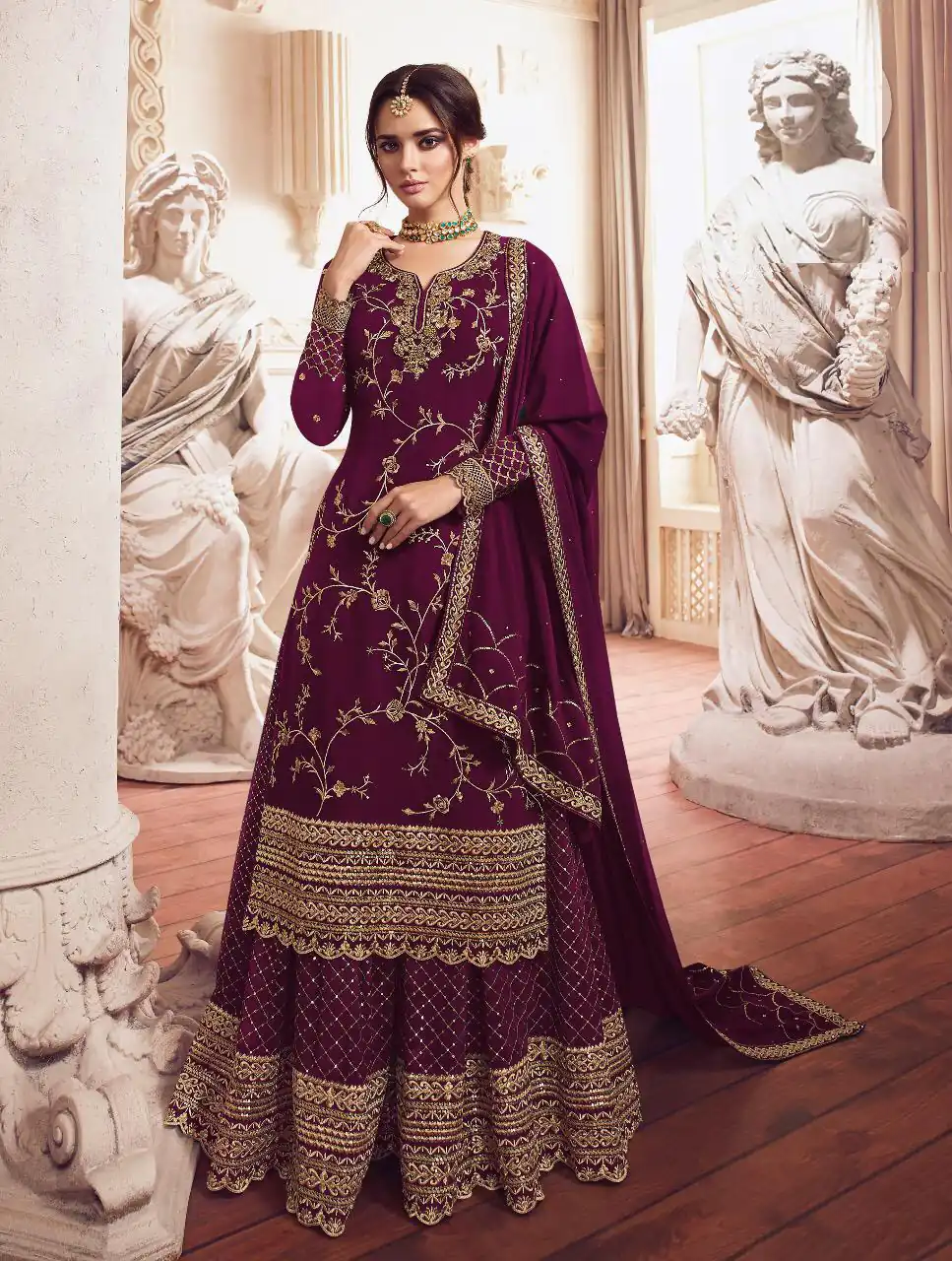 LT 4902 Wine color Georgette With Embroidery sequence Work Sharara Suit Wedding, Festive, Events Etc. Expected Delivery 4-6 Working Days @2099/- | Jump Suits, Salwar suit, Designer Suits, Casual Suits, Creative suits, Palazzo Suits, Party Wear Suits, Patiala Suits, Straight Suits