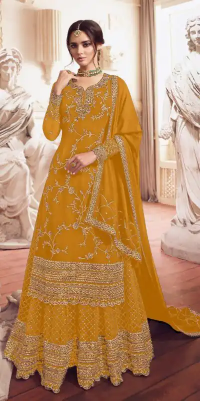 LT 4902 Yellow color Georgette With Embroidery Work Sharara Suit Wedding, Festive, Events Etc. Expected Delivery 4-6 Working Days @2099/- | Jump Suits, Salwar suit, Designer Suits, Casual Suits, Creative suits, Palazzo Suits, Party Wear Suits, Patiala Suits, Straight Suits