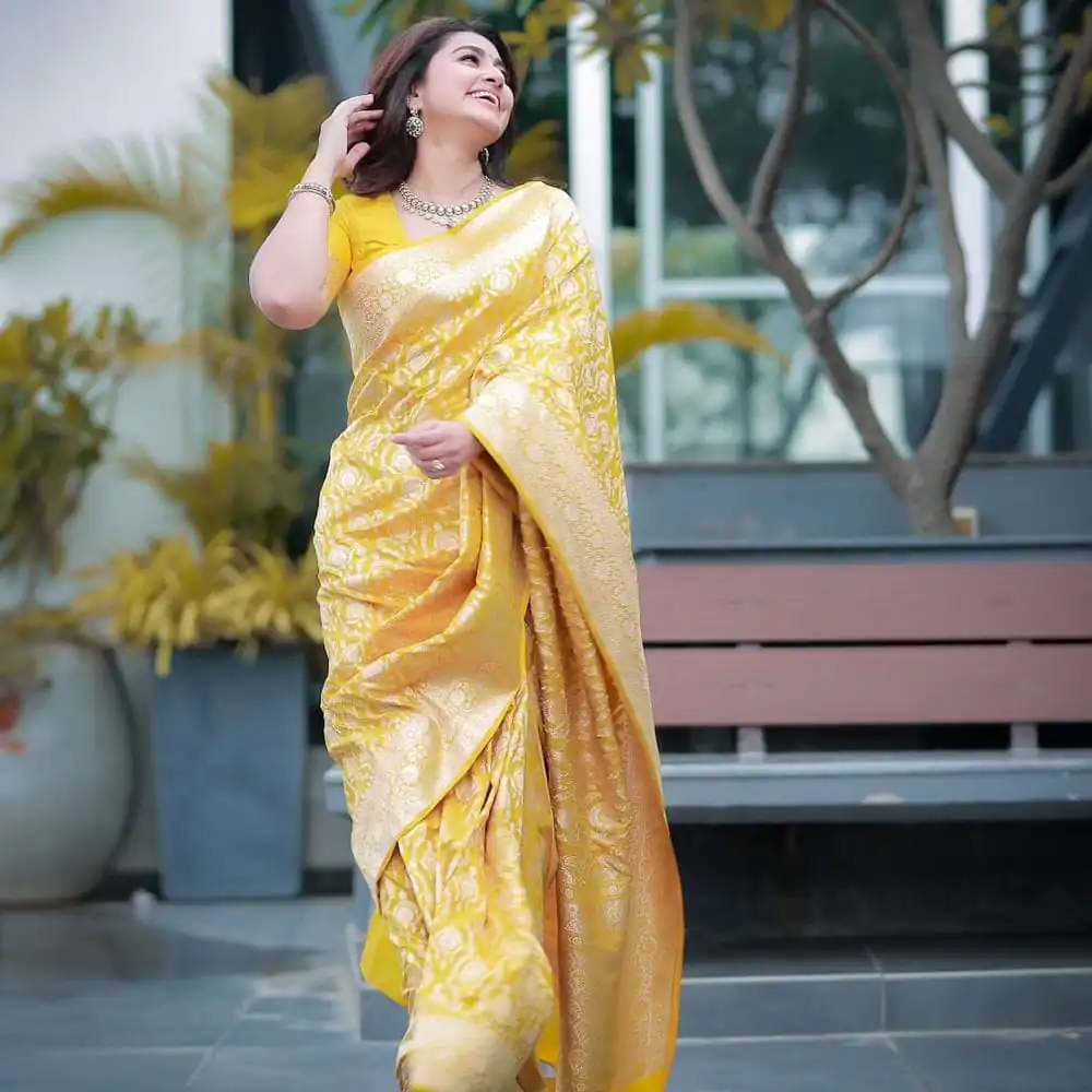 DDF Yellow Zalar Color Banarasi Soft Silk Ordinary Design Saree Casual, Party Wear, Wedding, Events, Etc. Expected Delivery 4-6 Working Days 1399/- | Sarees, Bollywood Sarees, Creative Sarees, Designer Sarees, Embroidered Sarees, Ethnic Saree, Modern Digital sarees, Party Wear Sarees