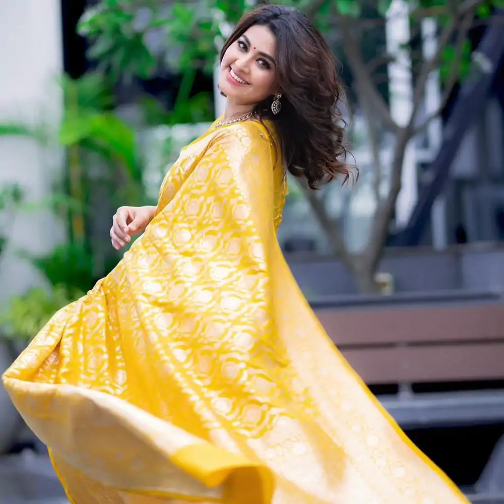 DDF Yellow Zalar Color Banarasi Soft Silk Ordinary Design Saree Casual, Party Wear, Wedding, Events, Etc. Expected Delivery 4-6 Working Days 1399/- | Sarees, Bollywood Sarees, Creative Sarees, Designer Sarees, Embroidered Sarees, Ethnic Saree, Modern Digital sarees, Party Wear Sarees