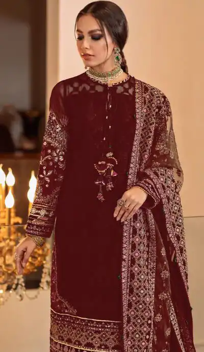Ds 129 Maroon Color Georgette Embroidery Stone Work Sharara Suit Wedding, Party, Festive, Events Etc. Expected Delivery 4-6 Working Days @2049/- | Salwar suit, Designer Suits, Casual Suits, Creative suits, Palazzo Suits, Party Wear Suits, Straight Suits