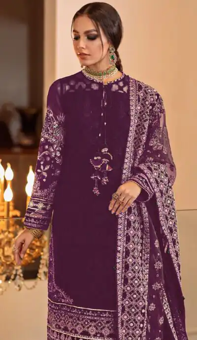 Ds 129 Purple Color Georgette Embroidery Stone Work Sharara Suit Wedding, Party, Festive, Events Etc. Expected Delivery 4-6 Working Days @2049/- | Salwar suit, Designer Suits, Casual Suits, Creative suits, Palazzo Suits, Party Wear Suits, Straight Suits