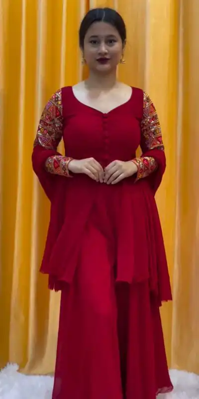 RTC 5666 Red Color Faux Georgette thread Sequence Work Sharara Suit Casual, Wedding, Party, Festive, Events Etc. Expected Delivery 4-6 Working Days @1999/- | Salwar suit, Designer Suits, Casual Suits, Creative suits, Palazzo Suits, Party Wear Suits, Patiala Suits, Straight Suits