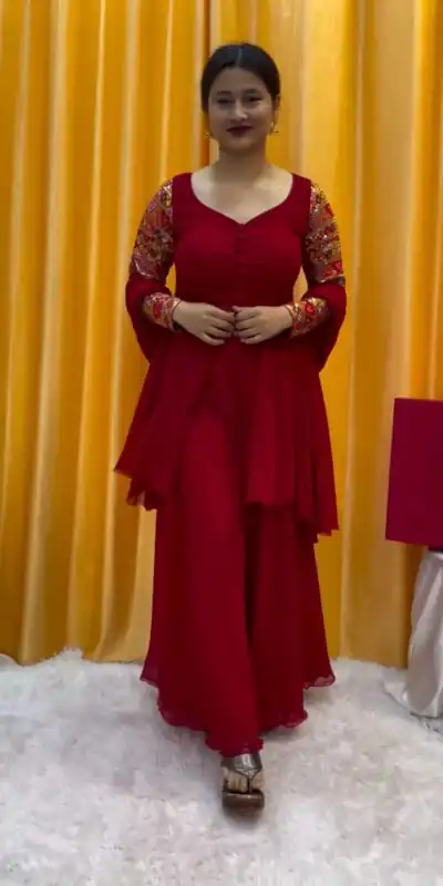 RTC 5666 Red Color Faux Georgette thread Sequence Work Sharara Suit Casual, Wedding, Party, Festive, Events Etc. Expected Delivery 4-6 Working Days @1999/- | Salwar suit, Designer Suits, Casual Suits, Creative suits, Palazzo Suits, Party Wear Suits, Patiala Suits, Straight Suits