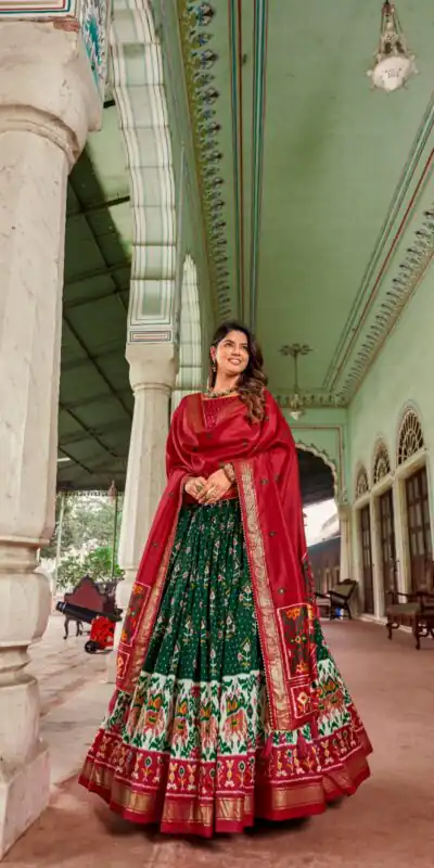 LNB1691 Green Color Tussar Silk Patola Foil Printed Lehenga Choli Festive, Party, Wedding, Events etc. Expected Delivery 4-6 Working Days @2199/- | Lehenga, Bollywood Lehenga, Creative Lehenga, Designer Lehenga, Embroidered Lehenga, Party Wear Lehenga