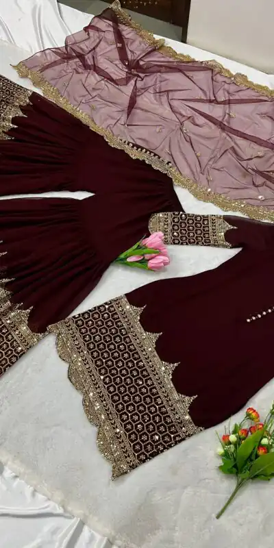ZF 250 Maroon Color Faux Georgette Embroidery Sequence Work Sharara Suit Wedding, Party, Festive, Events Etc. Expected Delivery 4-6 Working Days @1999/- | Jump Suits, Salwar suit, Designer Suits, Casual Suits, Creative suits, Palazzo Suits, Party Wear Suits, Patiala Suits, Straight Suits