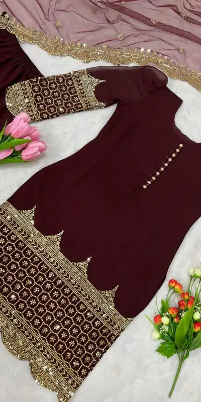 ZF 250 Maroon Color Faux Georgette Embroidery Sequence Work Sharara Suit Wedding, Party, Festive, Events Etc. Expected Delivery 4-6 Working Days @1999/- | Jump Suits, Salwar suit, Designer Suits, Casual Suits, Creative suits, Palazzo Suits, Party Wear Suits, Patiala Suits, Straight Suits