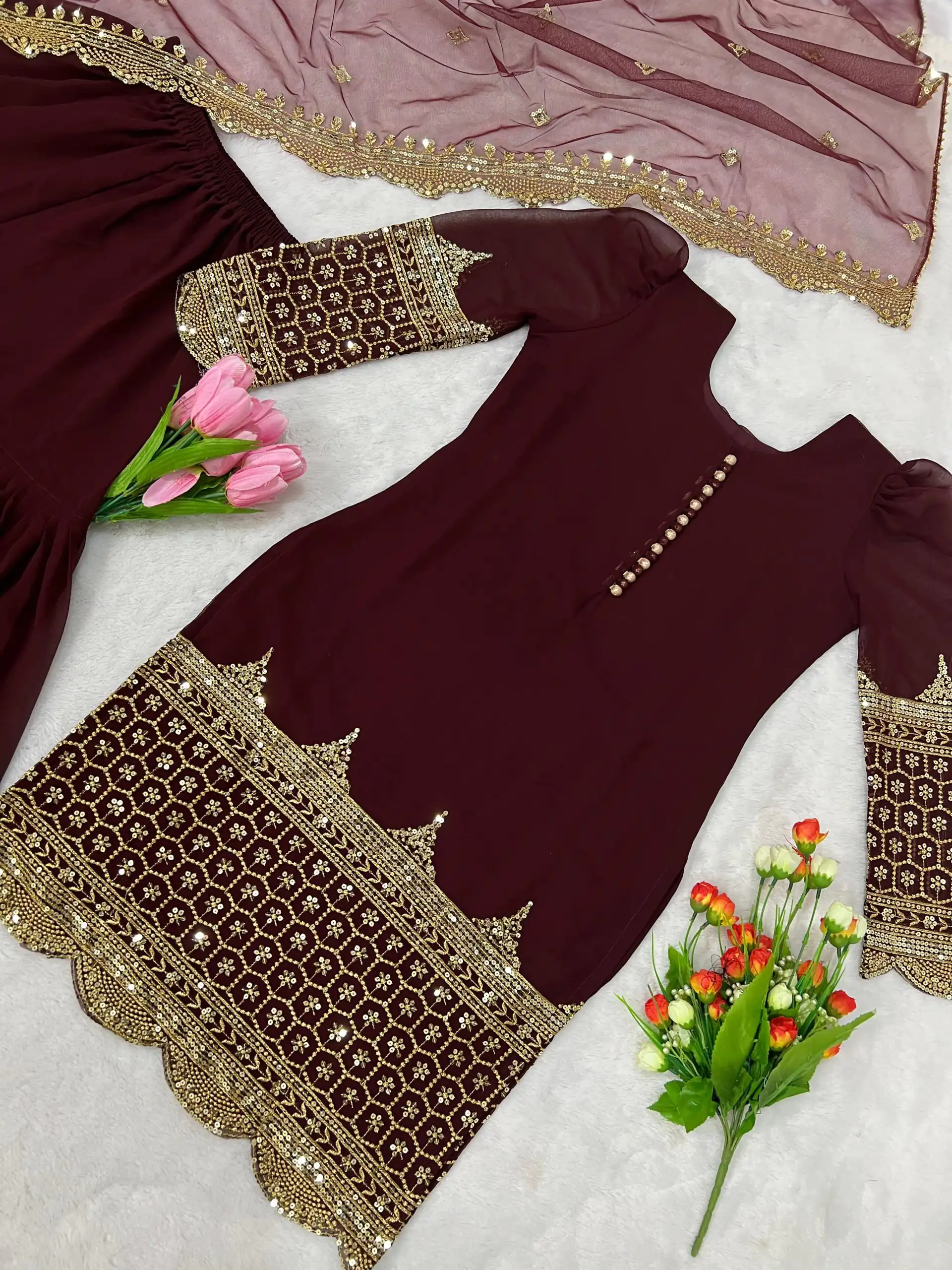 ZF 250 Maroon Color Faux Georgette Embroidery Sequence Work Sharara Suit Wedding, Party, Festive, Events Etc. Expected Delivery 4-6 Working Days @1999/- | Jump Suits, Salwar suit, Designer Suits, Casual Suits, Creative suits, Palazzo Suits, Party Wear Suits, Patiala Suits, Straight Suits