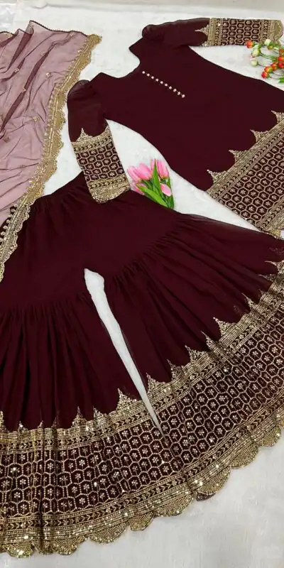 ZF 250 Maroon Color Faux Georgette Embroidery Sequence Work Sharara Suit Wedding, Party, Festive, Events Etc. Expected Delivery 4-6 Working Days @1999/- | Jump Suits, Salwar suit, Designer Suits, Casual Suits, Creative suits, Palazzo Suits, Party Wear Suits, Patiala Suits, Straight Suits