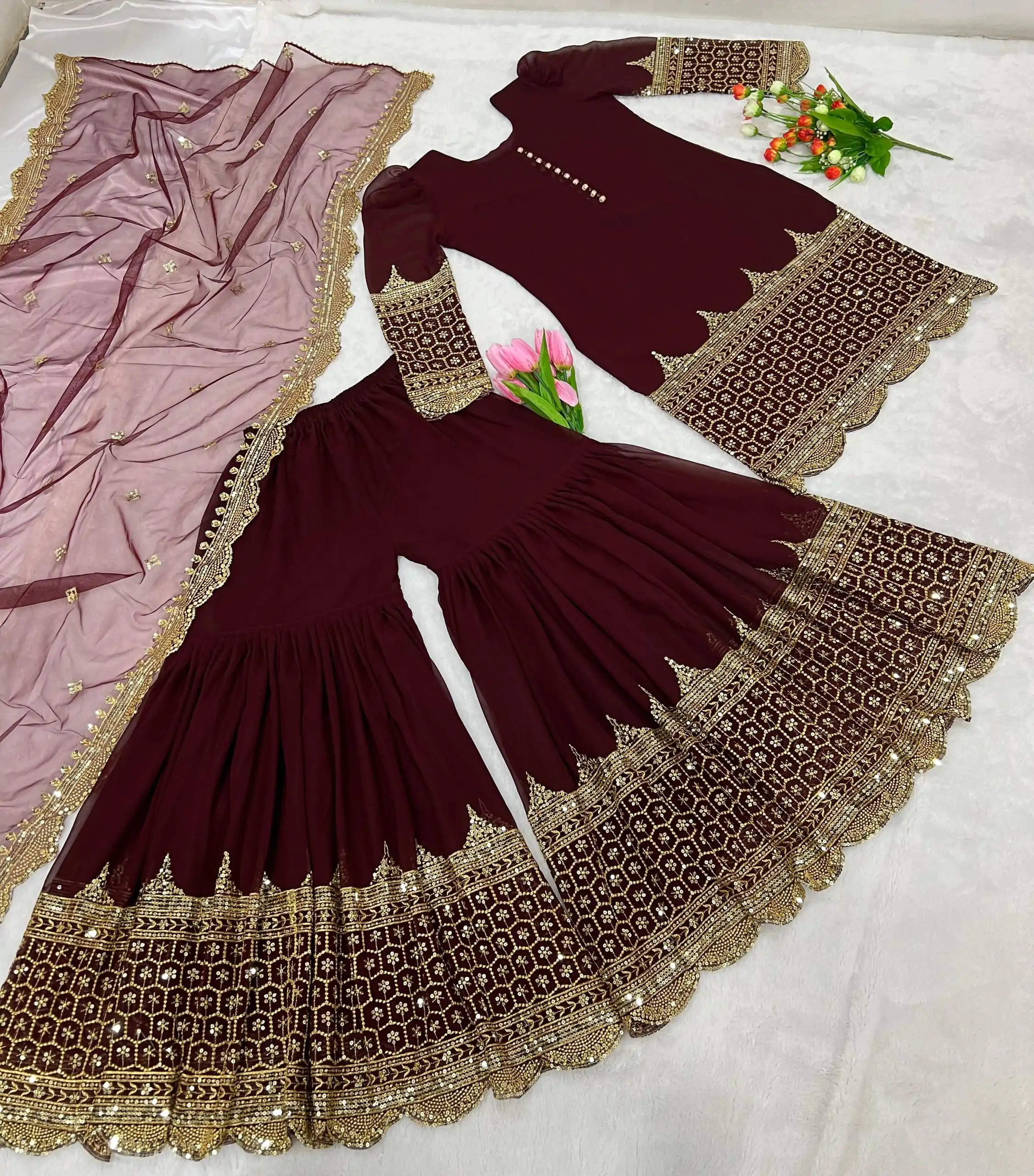 ZF 250 Maroon Color Faux Georgette Embroidery Sequence Work Sharara Suit Wedding, Party, Festive, Events Etc. Expected Delivery 4-6 Working Days @1999/- | Jump Suits, Salwar suit, Designer Suits, Casual Suits, Creative suits, Palazzo Suits, Party Wear Suits, Patiala Suits, Straight Suits