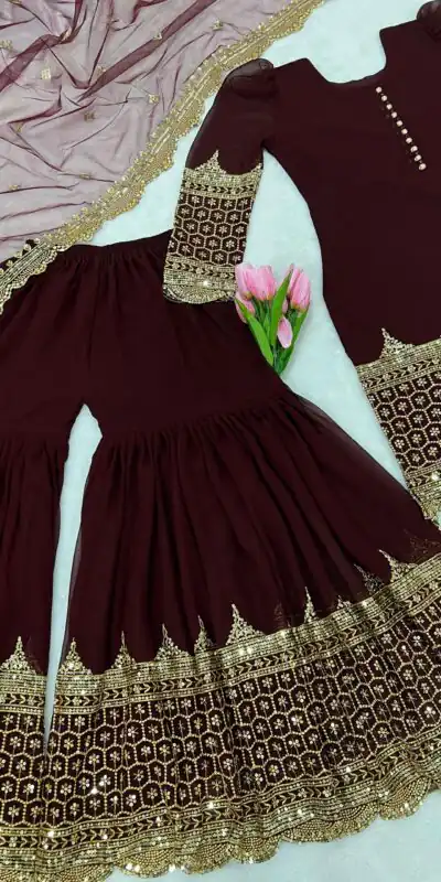 ZF 250 Maroon Color Faux Georgette Embroidery Sequence Work Sharara Suit Wedding, Party, Festive, Events Etc. Expected Delivery 4-6 Working Days @1999/- | Jump Suits, Salwar suit, Designer Suits, Casual Suits, Creative suits, Palazzo Suits, Party Wear Suits, Patiala Suits, Straight Suits