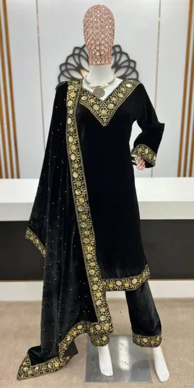 NSR 780 Black Color Gown Viscose Velvet with Embroidery Sequence Work Inner : Micro Cotton Traditional Wear, Wedding, Festive, Events. @2149/- | Salwar suit, Designer Suits, Casual Suits, Creative suits, Palazzo Suits, Party Wear Suits, Straight Suits