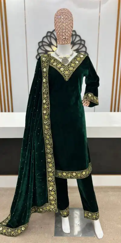 NSR 780 Green Color Gown Viscose Velvet with Embroidery Sequence Work Inner : Micro Cotton Traditional Wear, Wedding, Festive, Events. @2149/- | Salwar suit, Designer Suits, Casual Suits, Creative suits, Palazzo Suits, Party Wear Suits, Straight Suits