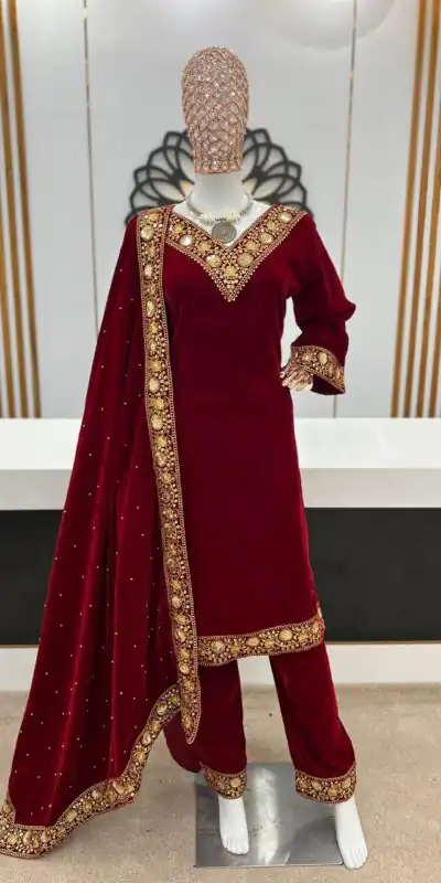 NSR 780 Maroon Color Gown Viscose Velvet with Embroidery Sequence Work Inner : Micro Cotton Traditional Wear, Wedding, Festive, Events. @2149/- | Salwar suit, Designer Suits, Casual Suits, Creative suits, Palazzo Suits, Party Wear Suits, Straight Suits