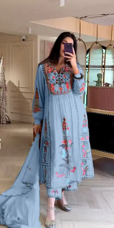 AD118 Blue Color Georgette Embroidery Work Salwar Suit Casual, Wedding, Festive, Events Etc. Expected Delivery 4-6 Working Days @1950/- | Jump Suits, Salwar suit, Designer Suits, Casual Suits, Creative suits, Palazzo Suits, Party Wear Suits, Straight Suits