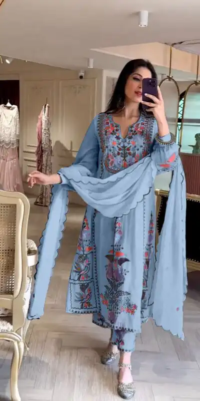 AD118 Blue Color Georgette Embroidery Work Salwar Suit Casual, Wedding, Festive, Events Etc. Expected Delivery 4-6 Working Days @1950/- | Jump Suits, Salwar suit, Designer Suits, Casual Suits, Creative suits, Palazzo Suits, Party Wear Suits, Straight Suits