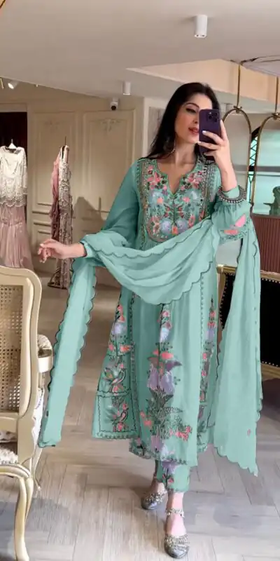 AD118 Peacock Blue Color Georgette Embroidery Work Salwar Suit Casual, Wedding, Festive, Events Etc. Expected Delivery 4-6 Working Days @1950/- | Jump Suits, Salwar suit, Designer Suits, Casual Suits, Creative suits, Palazzo Suits, Party Wear Suits, Straight Suits