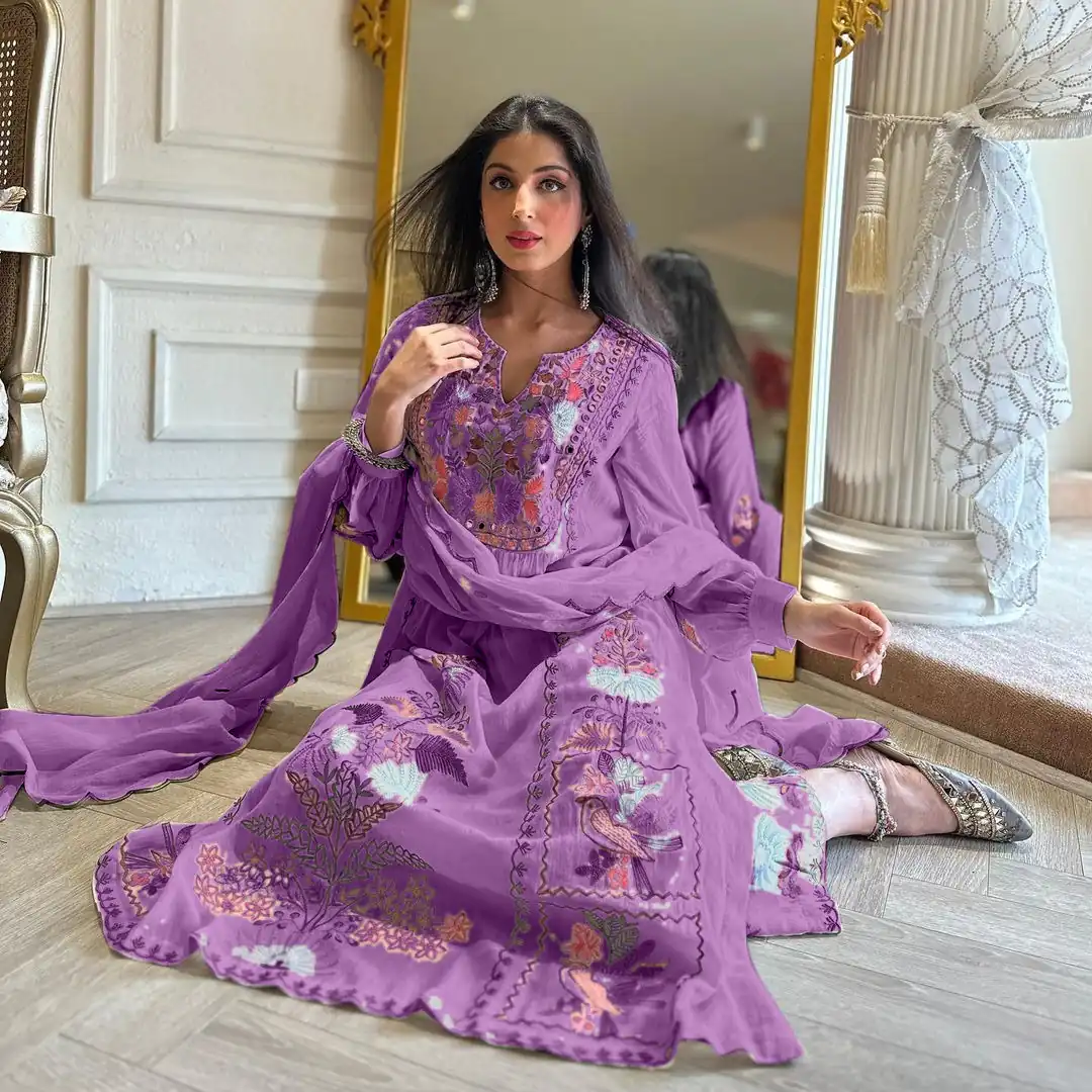 AD118 Violet Color Georgette Embroidery Work Salwar Suit Casual, Wedding, Festive, Events Etc. Expected Delivery  4-6 Working Days @1950/- | Jump Suits, Salwar suit, Designer Suits, Casual Suits, Creative suits, Palazzo Suits, Party Wear Suits, Straight Suits