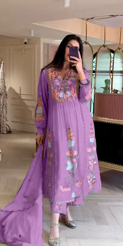 AD118 Violet Color Georgette Embroidery Work Salwar Suit Casual, Wedding, Festive, Events Etc. Expected Delivery  4-6 Working Days @1950/- | Jump Suits, Salwar suit, Designer Suits, Casual Suits, Creative suits, Palazzo Suits, Party Wear Suits, Straight Suits