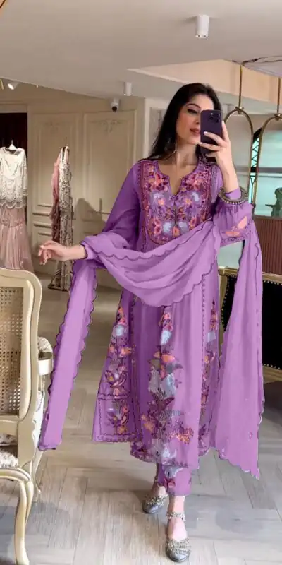AD118 Violet Color Georgette Embroidery Work Salwar Suit Casual, Wedding, Festive, Events Etc. Expected Delivery 4-6 Working Days @1950/- | Jump Suits, Salwar suit, Designer Suits, Casual Suits, Creative suits, Palazzo Suits, Party Wear Suits, Straight Suits