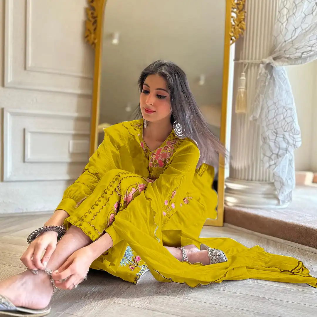 AD118 Yellow Color Georgette Embroidery Work Salwar Suit Casual, Wedding, Festive, Events Etc. Expected Delivery  4-6 Working Days @1950/- | Jump Suits, Salwar suit, Designer Suits, Casual Suits, Creative suits, Palazzo Suits, Party Wear Suits, Straight Suits