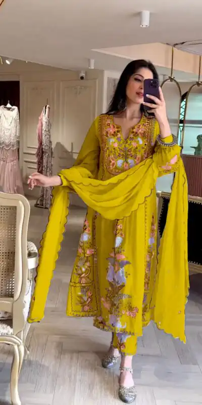 AD118 Yellow Color Georgette Embroidery Work Salwar Suit Casual, Wedding, Festive, Events Etc. Expected Delivery 4-6 Working Days @1950/- | Jump Suits, Salwar suit, Designer Suits, Casual Suits, Creative suits, Palazzo Suits, Party Wear Suits, Straight Suits
