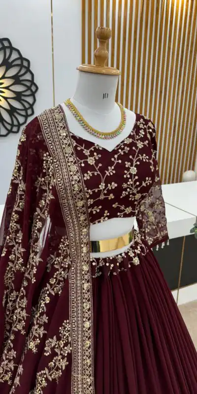 ZF 358 Dark Maroon Faux Georgette With Heavy Embroidery Sequence Work Lehenga Choli Wedding, Party, Events Etc. Expected Delivery 4-6 Working Days 2099/- | Lehenga, Bollywood Lehenga, Creative Lehenga, Designer Lehenga, Embroidered Lehenga, Party Wear Lehenga