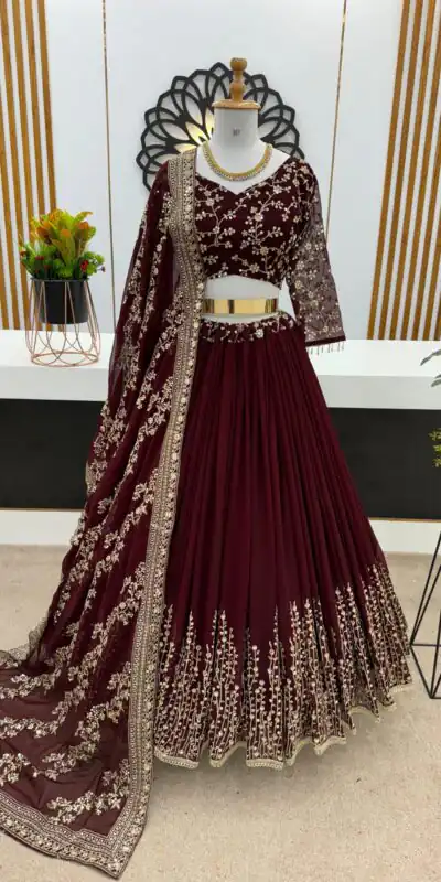 ZF 358 Dark Maroon Faux Georgette With Heavy Embroidery Sequence Work Lehenga Choli Wedding, Party, Events Etc. Expected Delivery 4-6 Working Days 2099/- | Lehenga, Bollywood Lehenga, Creative Lehenga, Designer Lehenga, Embroidered Lehenga, Party Wear Lehenga